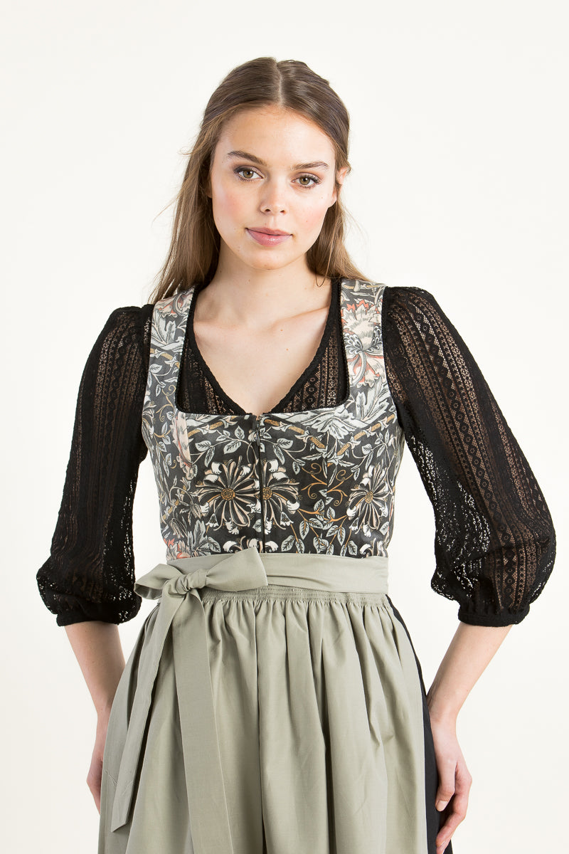 Dirndlbluse Damen | Schwarze Bluse mit Puffärmeln, V-Ausschnitt und Spitzenbesatz für klassische Dirndl