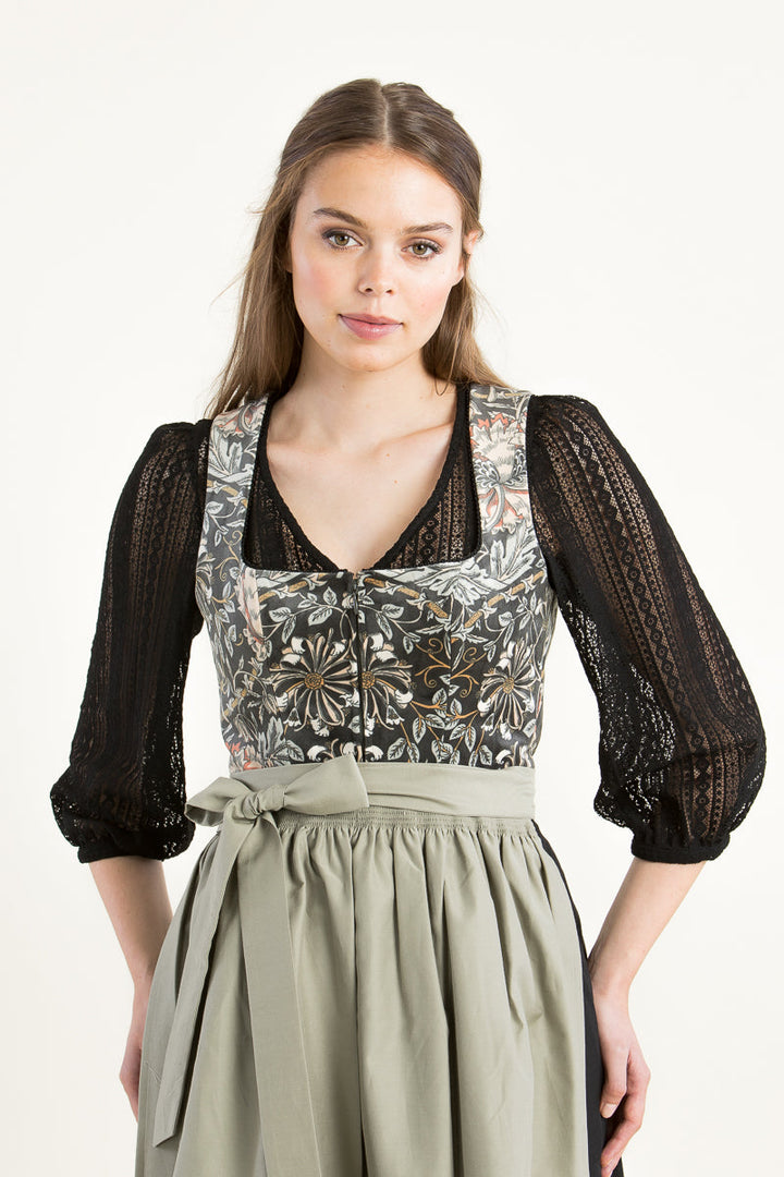 Dirndlbluse Damen | Schwarze Bluse mit Puffärmeln, V-Ausschnitt und Spitzenbesatz für klassische Dirndl