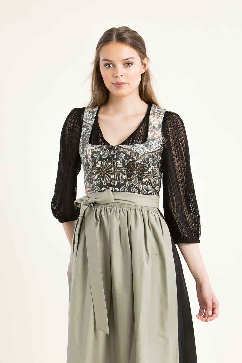 Dirndlbluse Damen | Schwarze Bluse mit Puffärmeln, V-Ausschnitt und Spitzenbesatz für klassische Dirndl