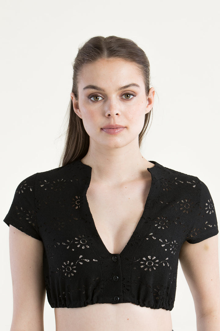 Dirndlbluse Damen | Schwarze Kurzarmbluse mit V-Ausschnitt, Lochstickerei und elastischem Saum für Dirndl