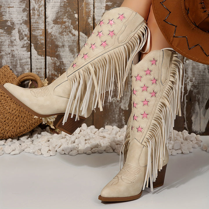 Damen Westernstiefel mit Fransen | Kniehohe Cowboystiefel mit weitem Schaft, Blockabsatz und rosa Sternstickerei für Festivals