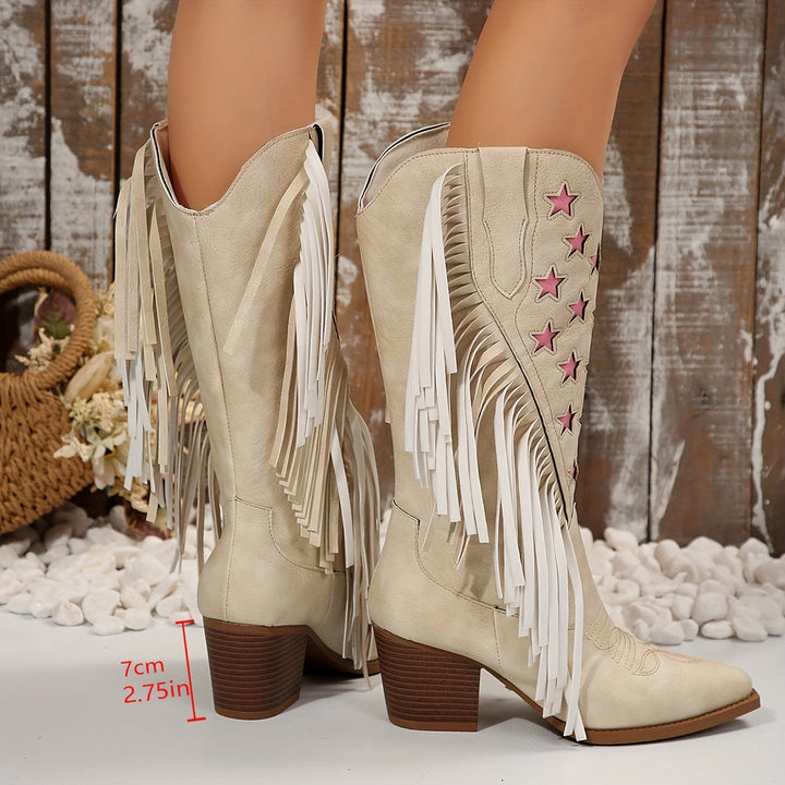 Damen Westernstiefel mit Fransen | Kniehohe Cowboystiefel mit weitem Schaft, Blockabsatz und rosa Sternstickerei für Festivals