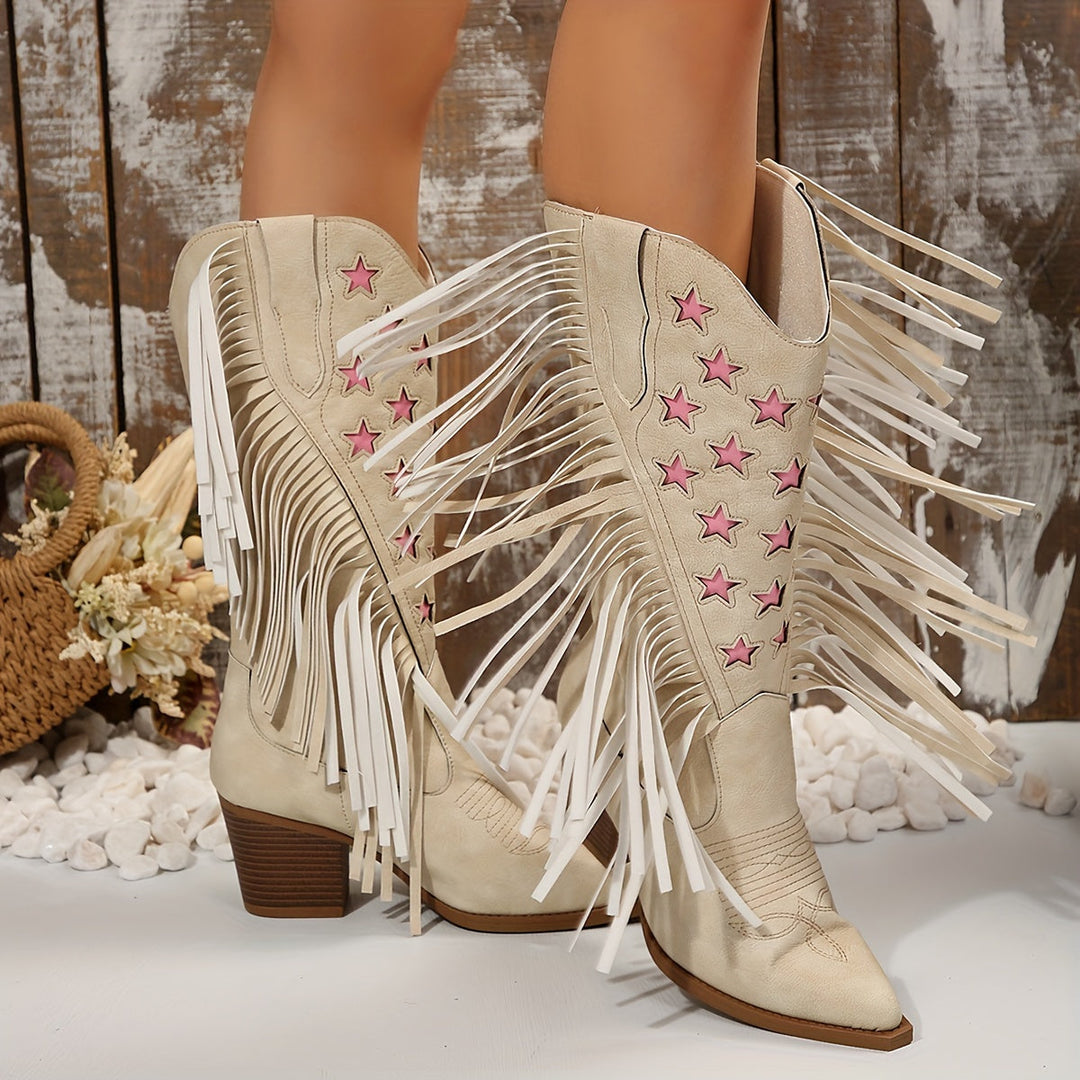 Damen Westernstiefel mit Fransen | Kniehohe Cowboystiefel mit weitem Schaft, Blockabsatz und rosa Sternstickerei für Festivals