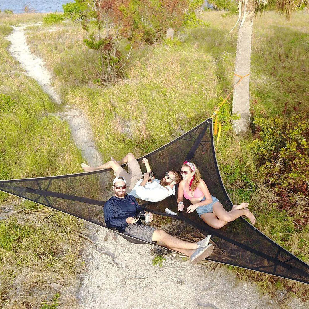 3-Punkt Camping Hängematte Dreieck | Bis 500 kg Tragkraft | Schwebend ohne ebenen Boden, Stauraumfächer für Outdoor &amp; Garten