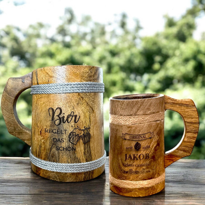 Personalisierter Bierkrug | Holz Bierkrug mit Gravur, Wunschtext oder Grafik in 500 ml oder 700 ml