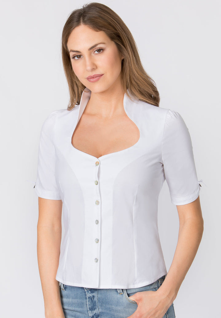 Trachtenbluse Damen | Weiße figurbetonte Damenbluse mit klassischem Schnitt für Dirndl und Trachten-Outfits