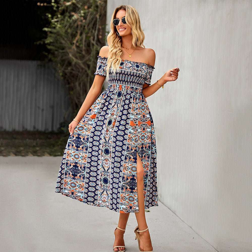 Damen Schulterfreies Sommerkleid mit Blumenmuster | Wickel-Look | Für Strand, Festival &amp; Urlaub