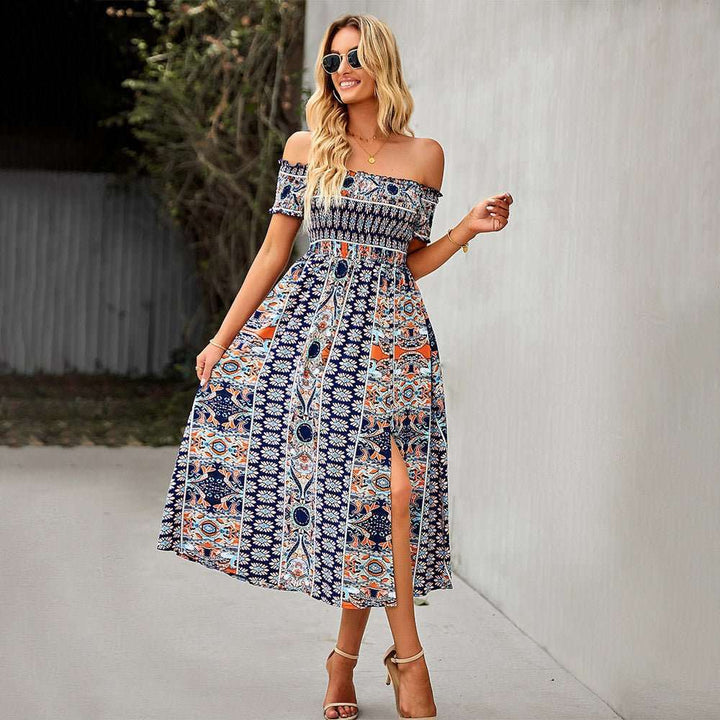 Damen Schulterfreies Sommerkleid mit Blumenmuster | Wickel-Look | Für Strand, Festival &amp; Urlaub