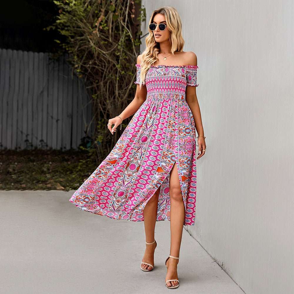 Damen Schulterfreies Sommerkleid mit Blumenmuster | Wickel-Look | Für Strand, Festival &amp; Urlaub