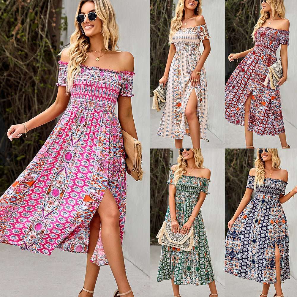 Damen Schulterfreies Sommerkleid mit Blumenmuster | Wickel-Look | Für Strand, Festival &amp; Urlaub