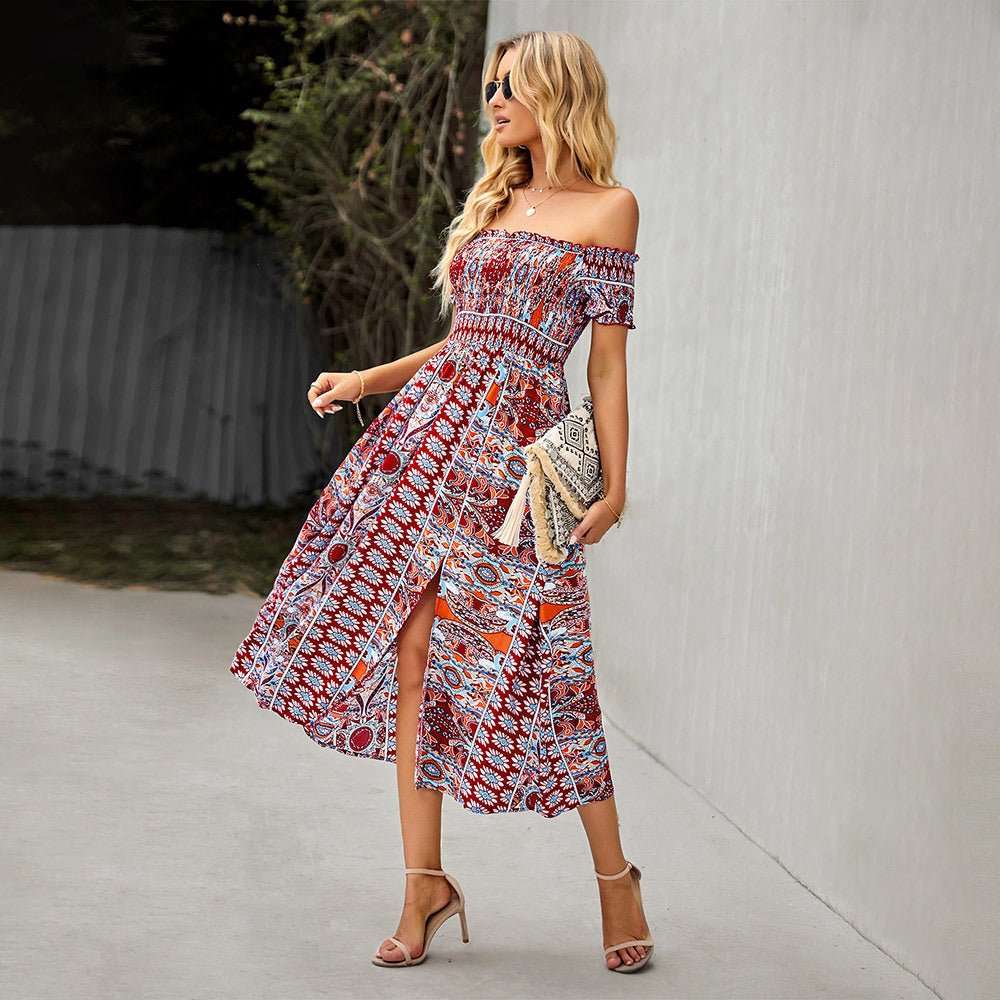 Damen Schulterfreies Sommerkleid mit Blumenmuster | Wickel-Look | Für Strand, Festival &amp; Urlaub