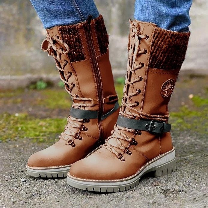 Damen Winterstiefel mit seitlichem Reißverschluss | Warme Stiefel mit gestricktem Bund und profilierter Sohle für Alltag und Freizeit