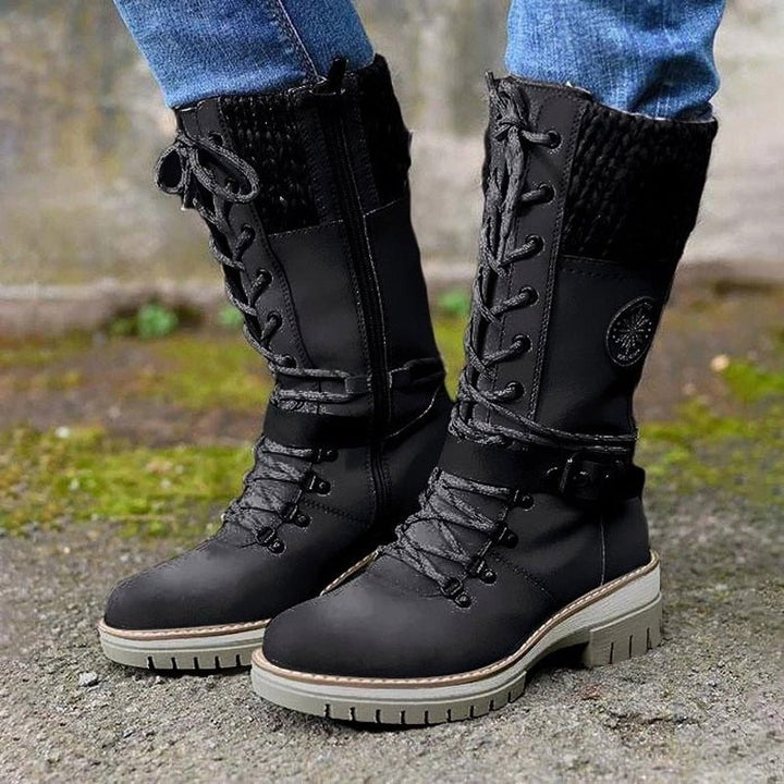 Damen Winterstiefel mit seitlichem Reißverschluss | Warme Stiefel mit gestricktem Bund und profilierter Sohle für Alltag und Freizeit