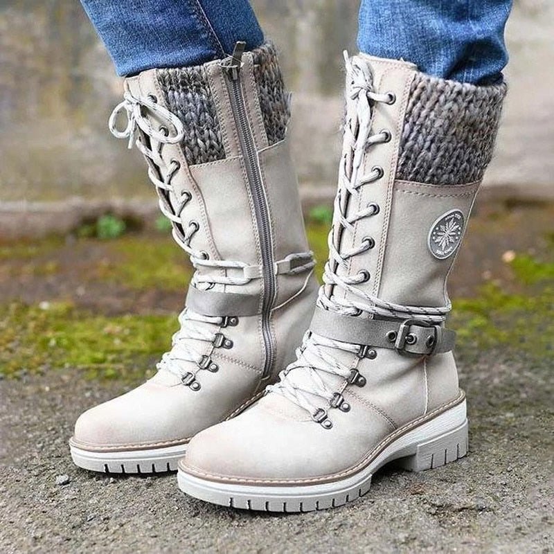 Damen Winterstiefel mit seitlichem Reißverschluss | Warme Stiefel mit gestricktem Bund und profilierter Sohle für Alltag und Freizeit