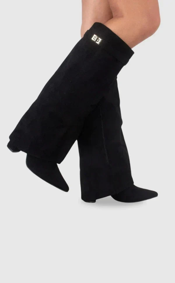 Damen Wildleder-Stiefel mit mittelhohem Schaft | Elegante Boots mit dekorativen Metalldetails und praktischem Verschluss für Herbst und Alltag