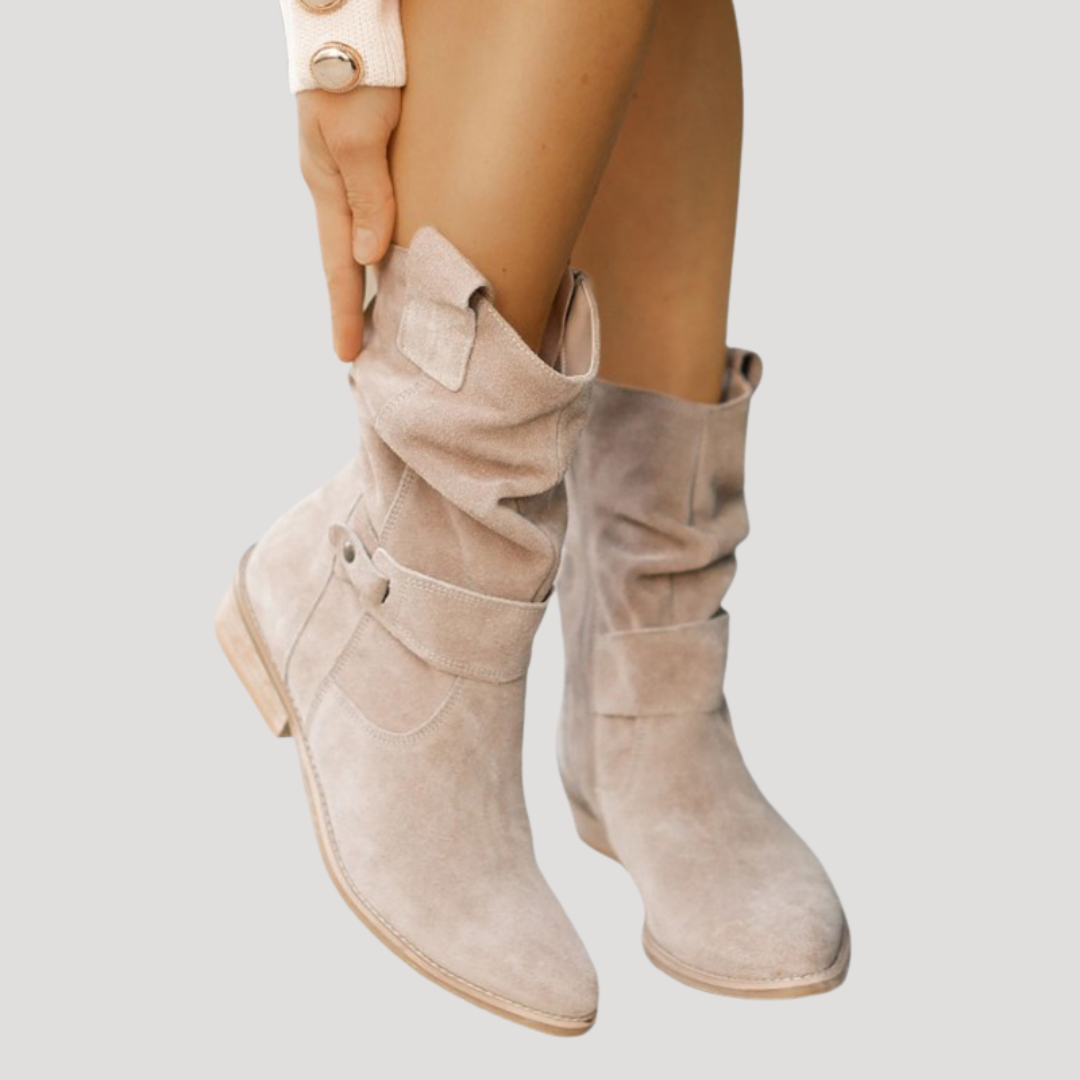 Damen Stiefel in Wildleder-Optik | Wadenhoher Slouchy-Schaft mit Schnalle, niedrigem Blockabsatz und Reißverschluss