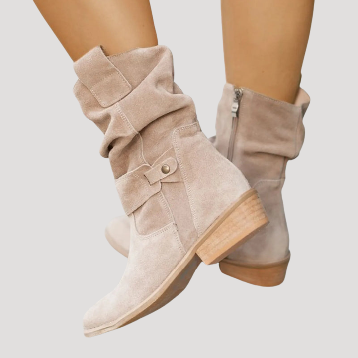 Damen Stiefel in Wildleder-Optik | Wadenhoher Slouchy-Schaft mit Schnalle, niedrigem Blockabsatz und Reißverschluss