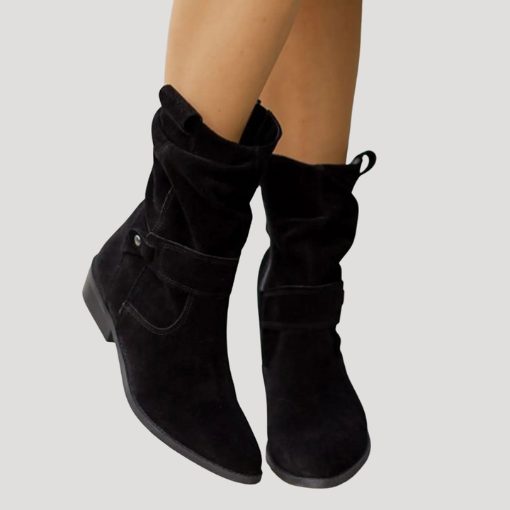 Damen Stiefel in Wildleder-Optik | Wadenhoher Slouchy-Schaft mit Schnalle, niedrigem Blockabsatz und Reißverschluss