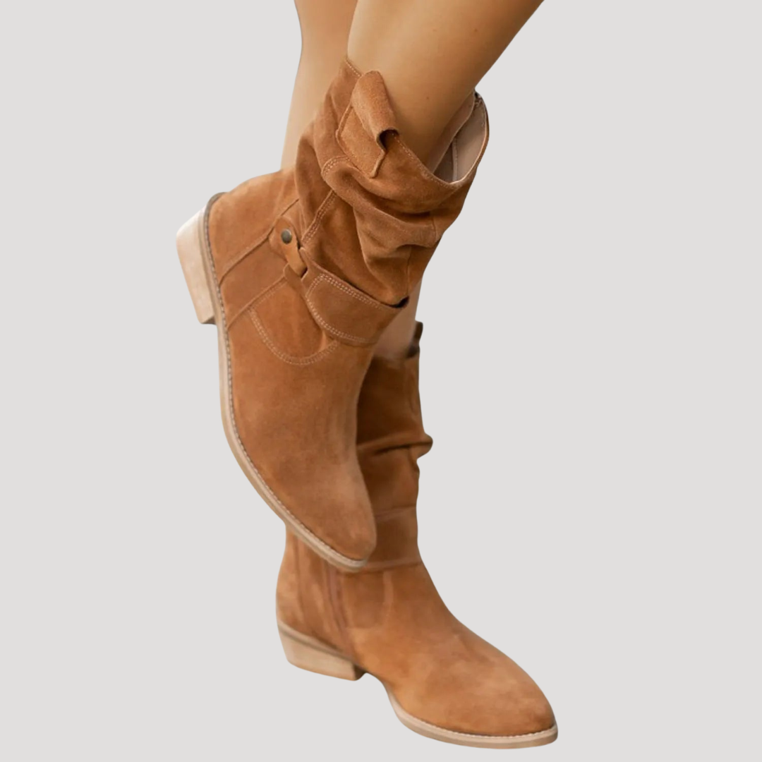 Damen Stiefel in Wildleder-Optik | Wadenhoher Slouchy-Schaft mit Schnalle, niedrigem Blockabsatz und Reißverschluss