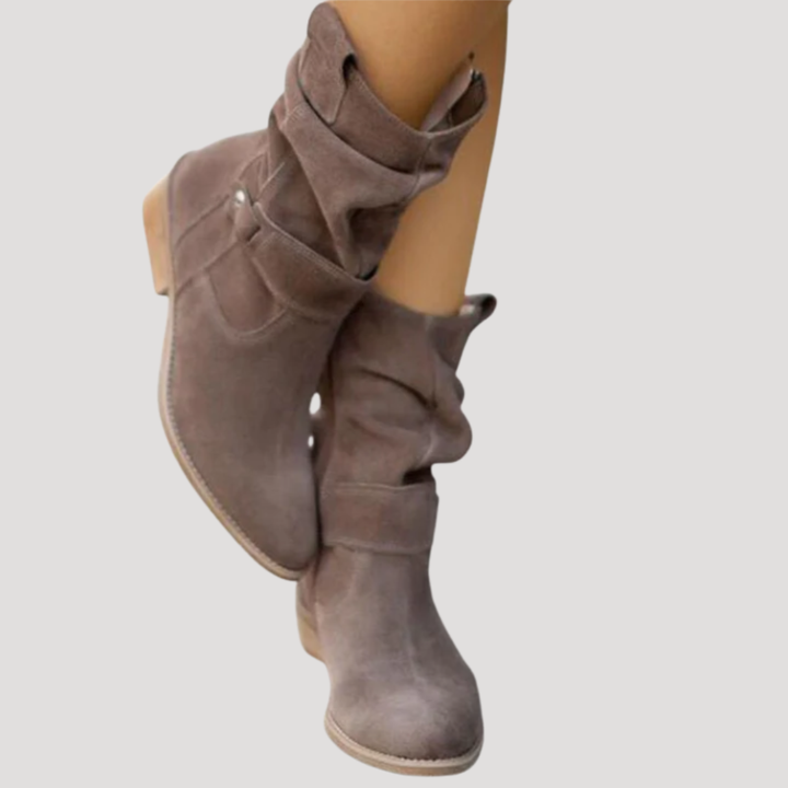 Damen Stiefel in Wildleder-Optik | Wadenhoher Slouchy-Schaft mit Schnalle, niedrigem Blockabsatz und Reißverschluss