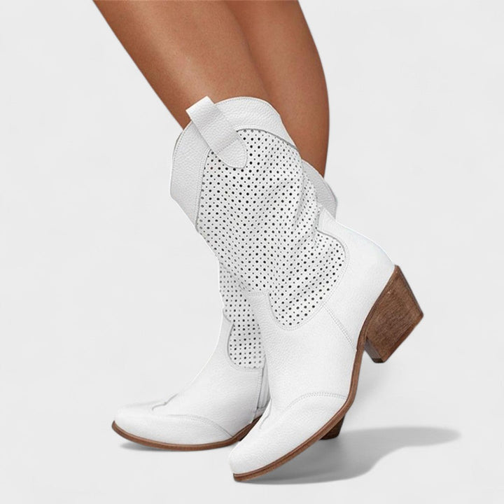 Damen Westernstiefel perforiert | Wadenhohe Stiefel in Wildleder-Optik mit spitzer Zehenpartie und niedrigem Blockabsatz