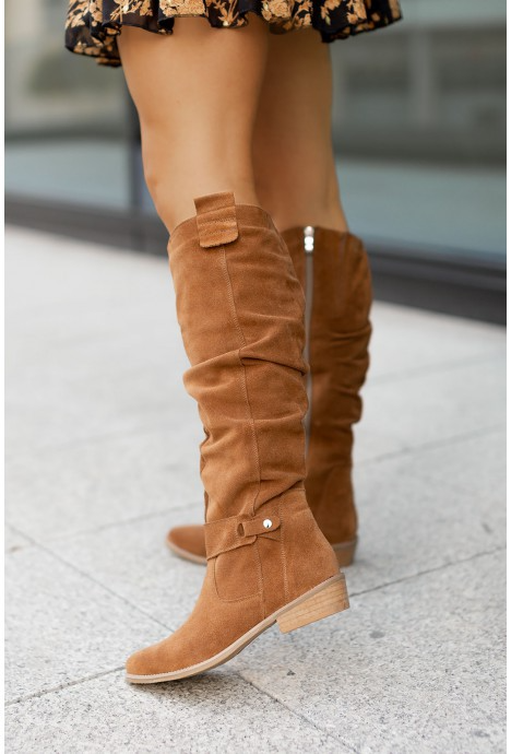 Damen Overknee-Stiefel aus Wildleder | Slouch-Schaft mit Reißverschluss, Riemendetails und niedrigem Blockabsatz | Herbst &amp; Winter