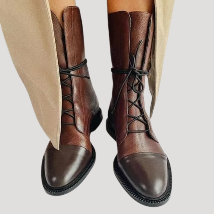 Damen Leder-Stiefeletten mit Schnürung | Mittelhohe Schnürstiefel mit flacher Sohle, runder Spitze und Zuglasche