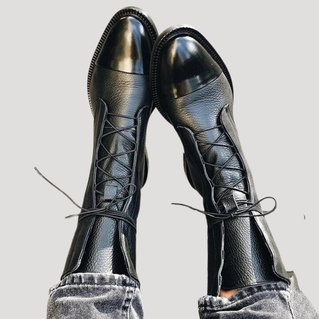 Damen Leder-Stiefeletten mit Schnürung | Mittelhohe Schnürstiefel mit flacher Sohle, runder Spitze und Zuglasche