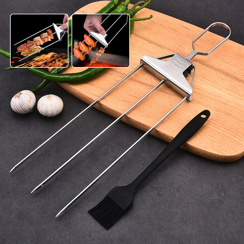 Edelstahl Grillspieße mit 9 Zinken – BlazeTrio für gleichmäßiges Garen von Fleisch, Fisch &amp; Gemüse | Spülmaschinenfest | inkl. Oxford-Tasche