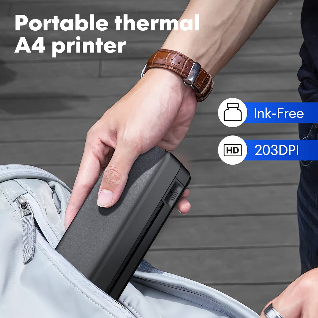 Mobiler Thermodrucker A4 | Tragbarer Drucker ohne Tinte mit Bluetooth, USB-Anschluss und Smartphone-Kompatibilität für unterwegs
