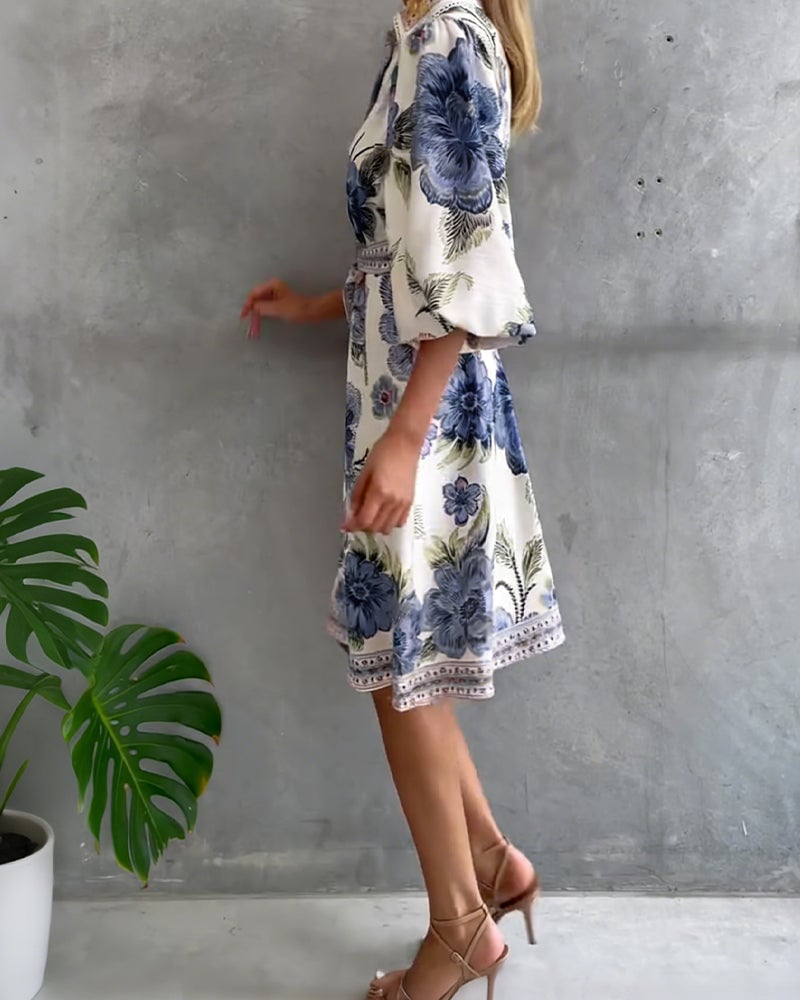 Damen A-Linien Kleid mit Print | Knielanges Kleid mit Reverskragen &amp; Laternenärmeln | Elegant für Frühling &amp; Sommer