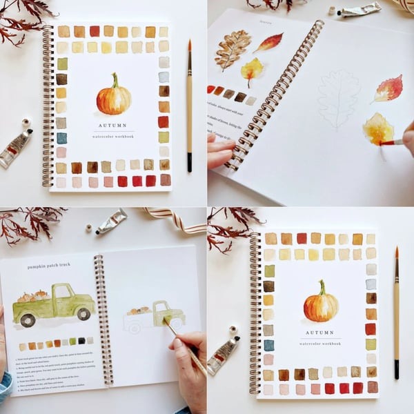 Cahier de travail aquarelle pour débutants | 12 motifs avec guide étape par étape | Papier 120 lb, 6,5"×9", mélange et peinture
