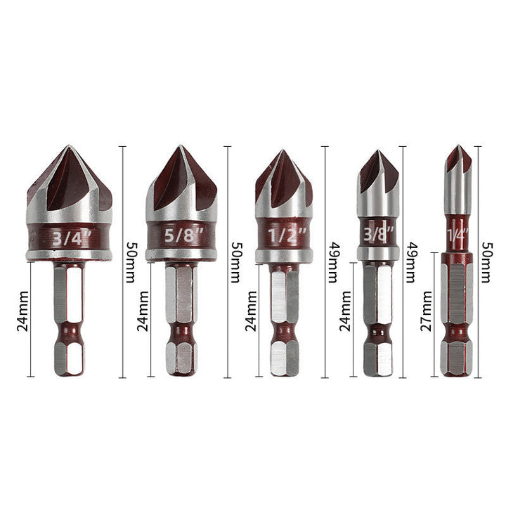 Countersink drill bit set with hex shank | Clean, splinter-free holes &amp; smooth edges | 5 flutes for chip removal | Carbon steel | 3- or 5-piece