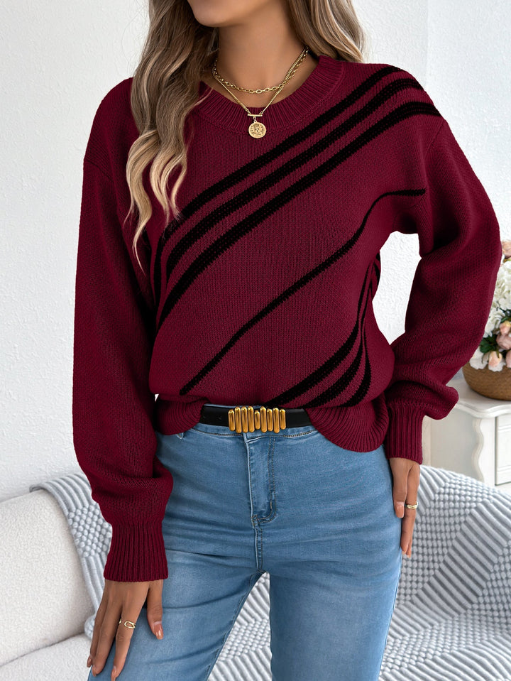 Damen Strickpullover mit Streifenmuster | Lässiger Pullover mit Rundhalsausschnitt, langen Ballonärmeln und bequemer Passform