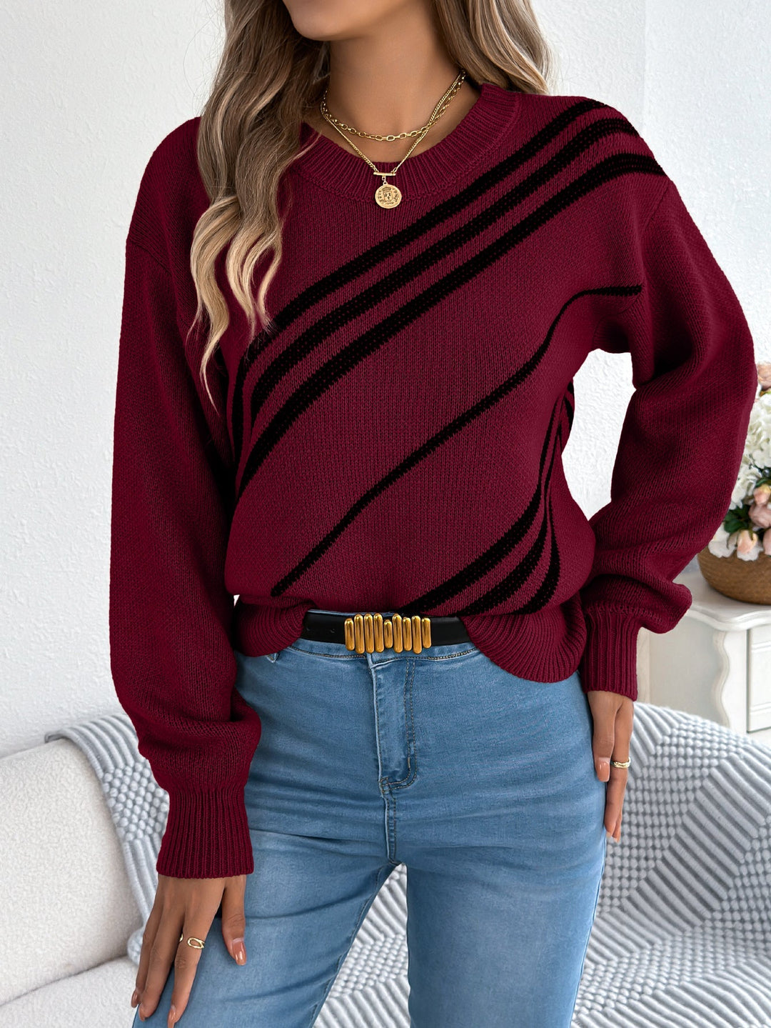 Damen Strickpullover mit Streifenmuster | Lässiger Pullover mit Rundhalsausschnitt, langen Ballonärmeln und bequemer Passform