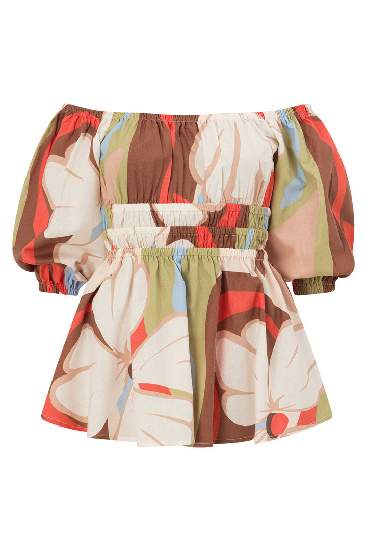 Damen Off-Shoulder Top mit Blumen-Schlangen-Print | Leinenmix-Look | Puffärmel &amp; Volantsaum