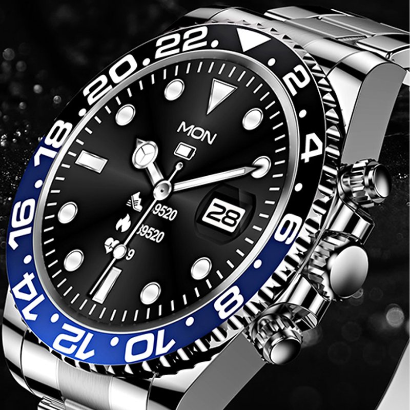 Montre connectée écran HD 1,28 pouce | Lunette rotative &amp; appels Bluetooth | Fréquence cardiaque, sommeil, modes sport, bracelet acier inoxydable