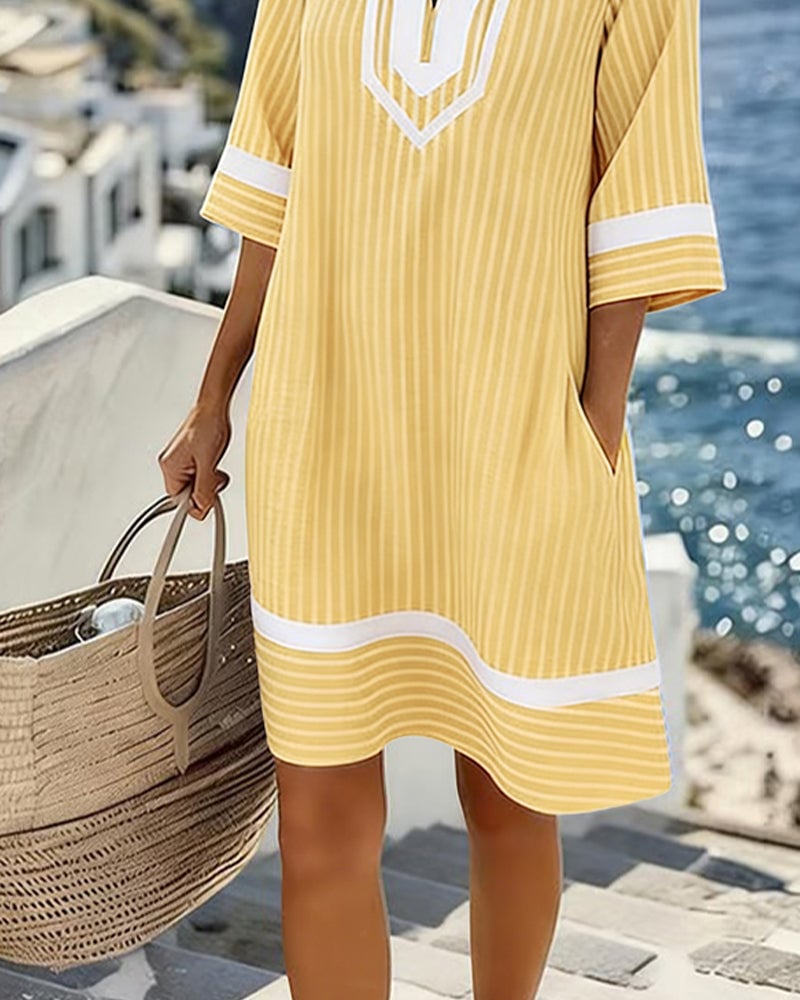 Damen Sommerkleid mit Streifen | Luftiges Shift-Kleid mit V-Ausschnitt, Seitentaschen &amp; lockerem Schnitt für Alltag &amp; Urlaub
