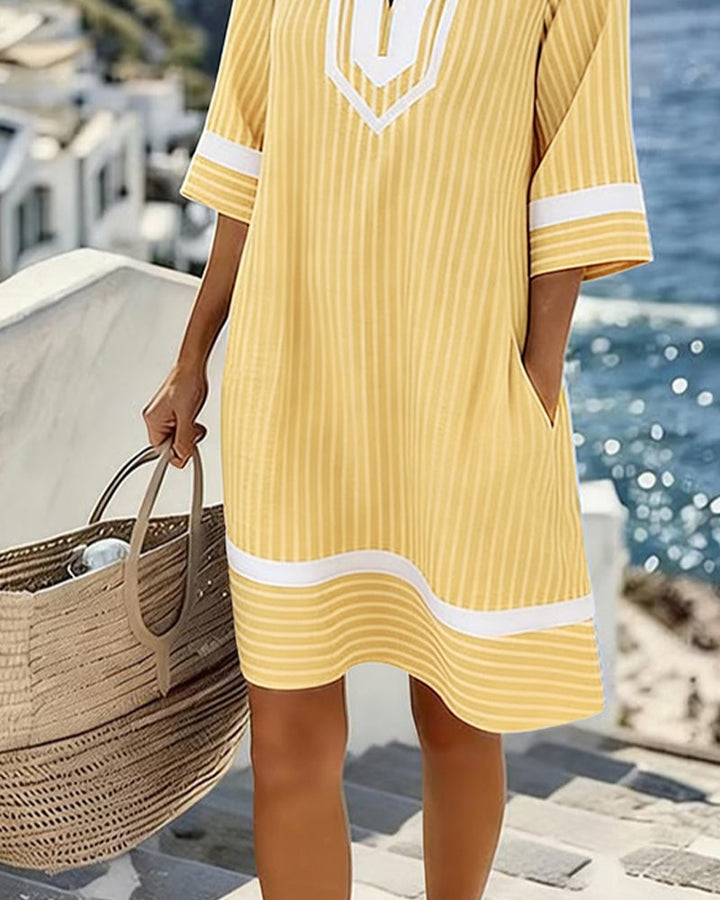 Damen Sommerkleid mit Streifen | Luftiges Shift-Kleid mit V-Ausschnitt, Seitentaschen &amp; lockerem Schnitt für Alltag &amp; Urlaub