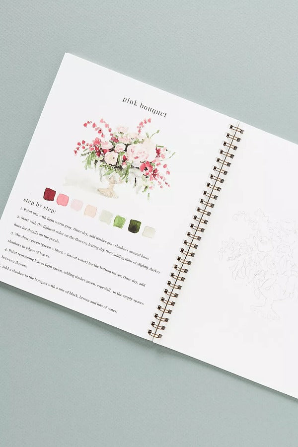 Cahier de travail aquarelle pour débutants | 12 motifs avec guide étape par étape | Papier 120 lb, 6,5"×9", mélange et peinture