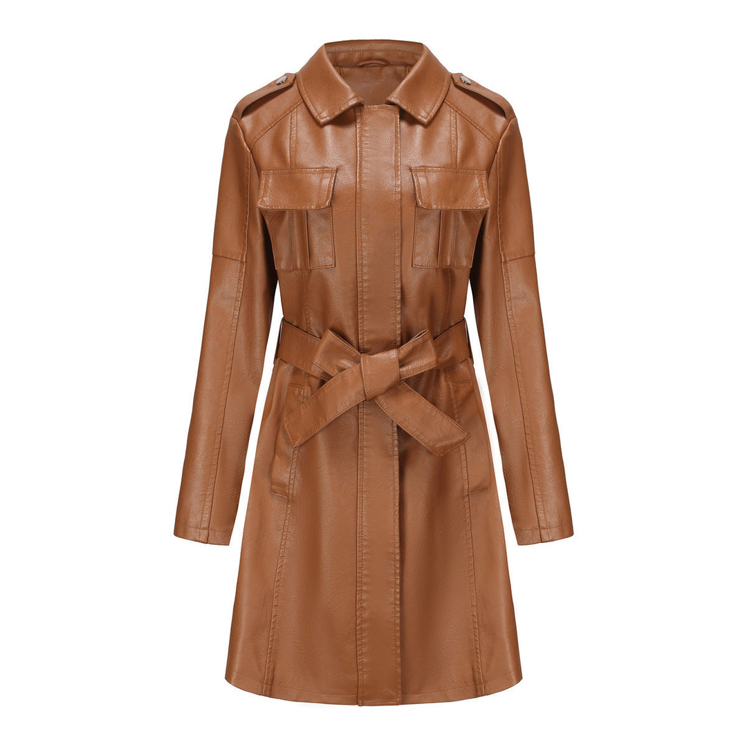 Damen Kunstledermantel mit Gürtel | Mittellanger Mantel im britischen Stil mit Taschen und langen Ärmeln für Herbstlooks