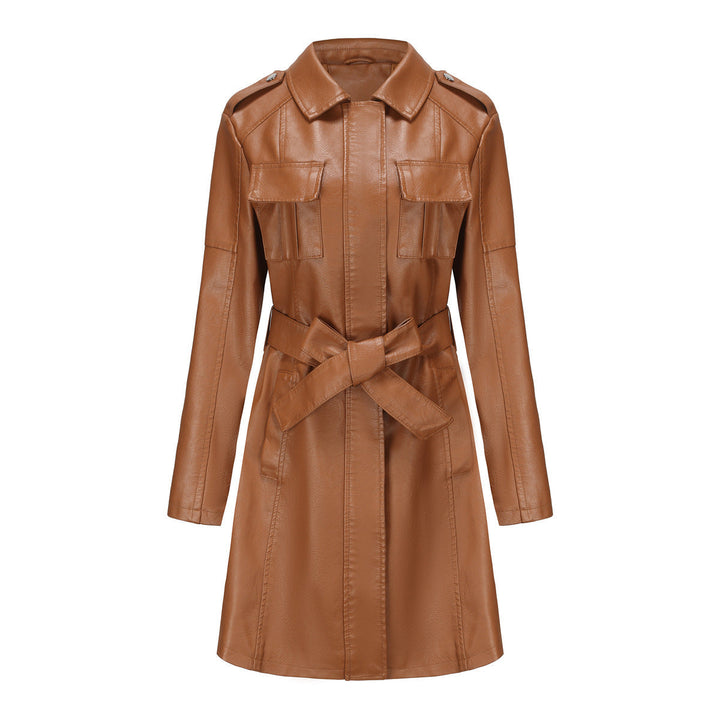 Damen Kunstledermantel mit Gürtel | Mittellanger Mantel im britischen Stil mit Taschen und langen Ärmeln für Herbstlooks