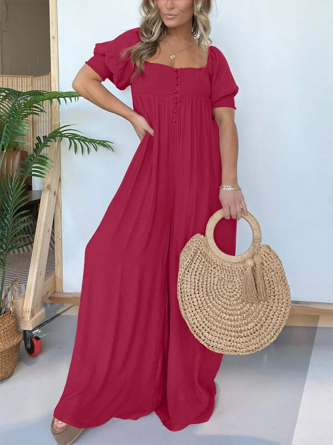 Damen Jumpsuit mit quadratischem Ausschnitt | gesmocktes Oberteil &amp; Taschen | locker-lässig, Coco-Muster | ideal für Sommer &amp; Urlaub