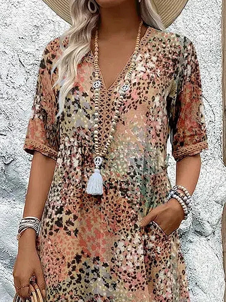 Robe midi pour femmes en mélange lin-coton | Encolure en V &amp; imprimé vivant | Coupe fluide, confortable &amp; élégante (S–3XL)