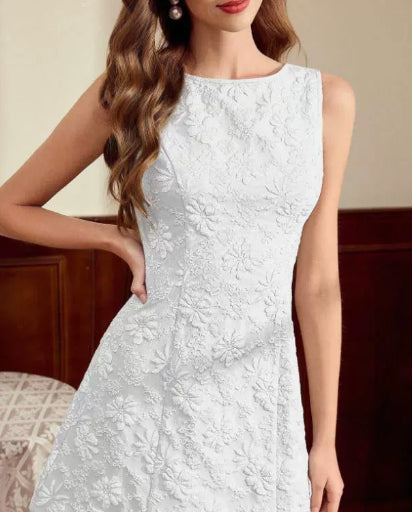 Damen Sommerkleid | Ärmelloses Midikleid mit floralem Jacquard-Muster im eleganten Stil