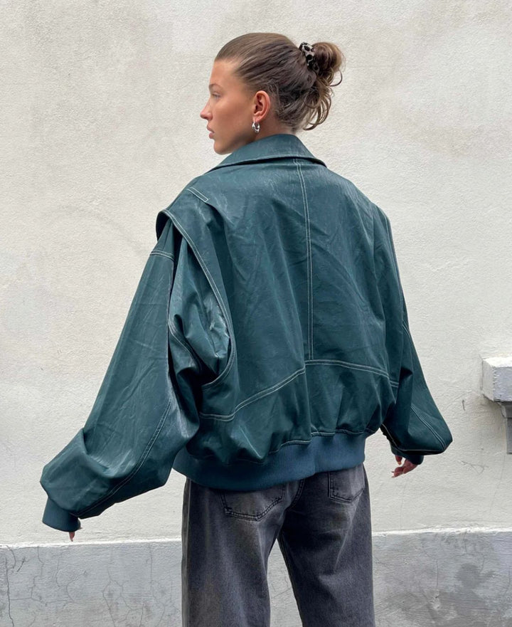Damen Bomberjacke | Klassischer Blouson aus hochwertigem Kunstleder mit Reißverschluss und gerippten Bündchen