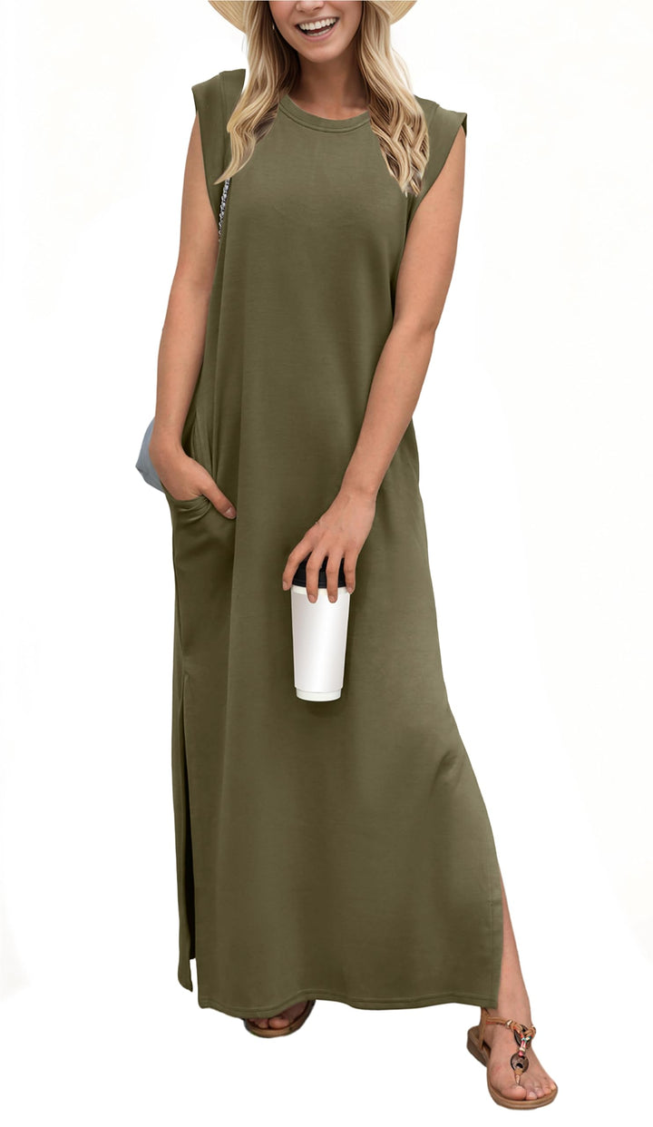 Damen Maxikleid mit Seitenschlitz | Ärmelloses Sommerkleid mit Taschen | Lockeres Freizeitkleid