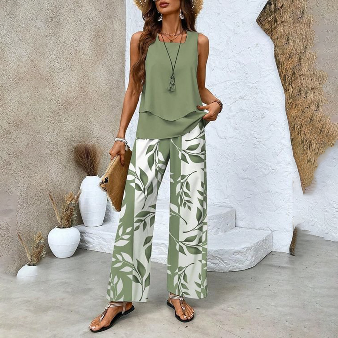 SommerZweig 2-teiliges Set mit ärmellosem Top &amp; Weitbein-Hose | Blätterprint, elastischer Bund | luftig &amp; bequem | S–2XL