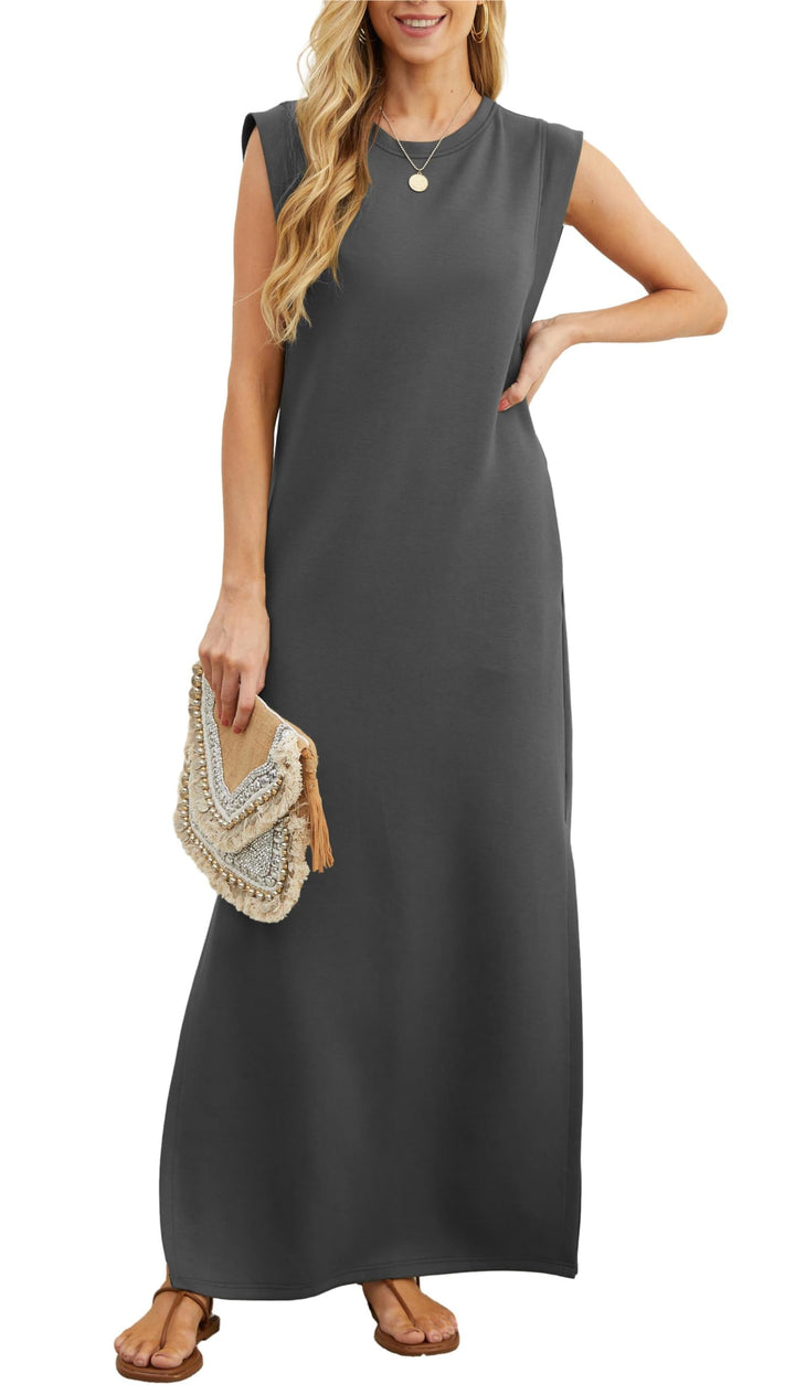 Damen Maxikleid mit Seitenschlitz | Ärmelloses Sommerkleid mit Taschen | Lockeres Freizeitkleid