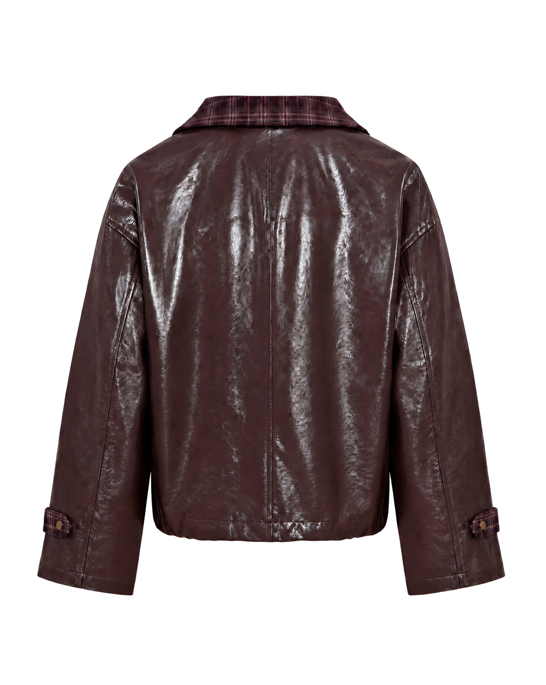 Damen Kunstlederjacke | Lässige Jacke mit Karokragen, Reißverschluss und Pattentaschen
